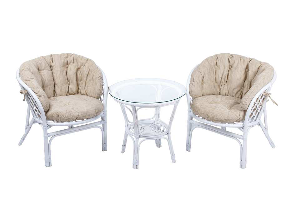 Багама Дуэт с круглым столом, подушки полные светлые, белый матовый