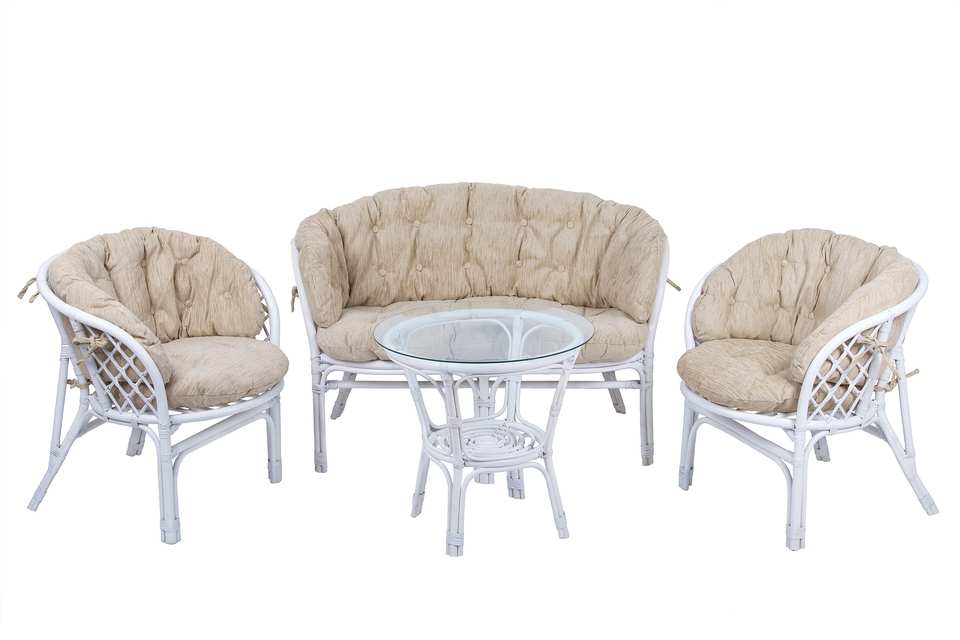 Комплект Багама с диваном и круглым столом, подушки полные светлые, белый матовый