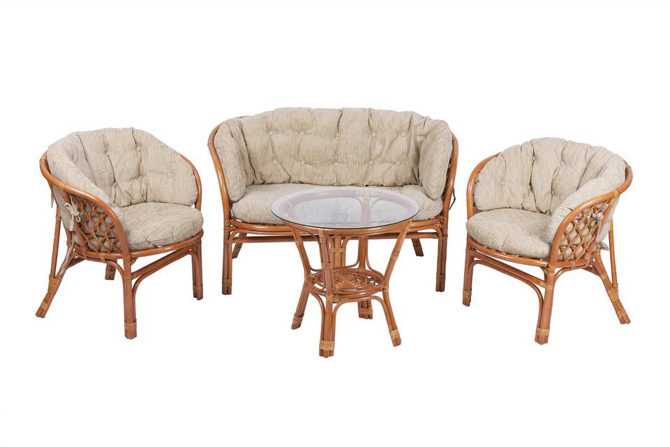 Комплект Багама с диваном и круглым столом, подушки полные светлые, коньяк