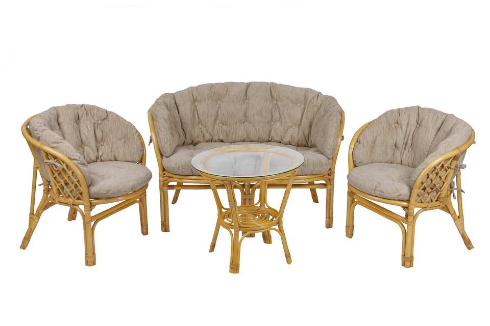 Комплект Багама с диваном и круглым столом, подушки полные светлые, мед