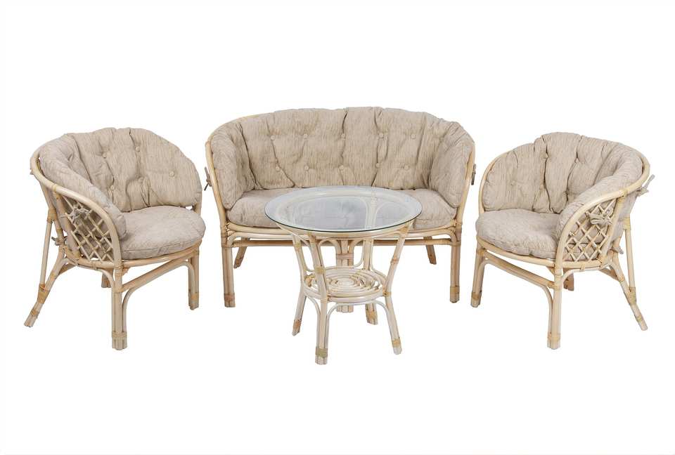 Комплект Багама с диваном и круглым столом, подушки полные светлые, натуральный