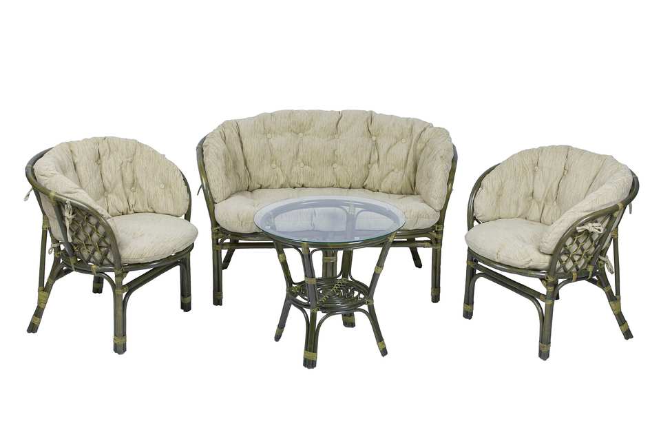 Комплект Багама с диваном и круглым столом, подушки полные светлые, олива