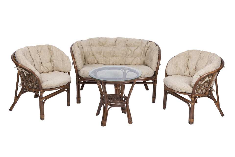 Комплект Багама с диваном и круглым столом, подушки полные светлые, орех матовый