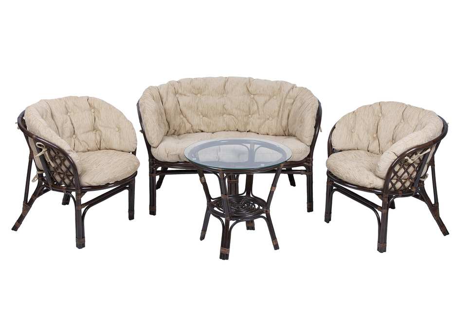 Комплект Багама с диваном и круглым столом, подушки полные светлые, темно-коричневый