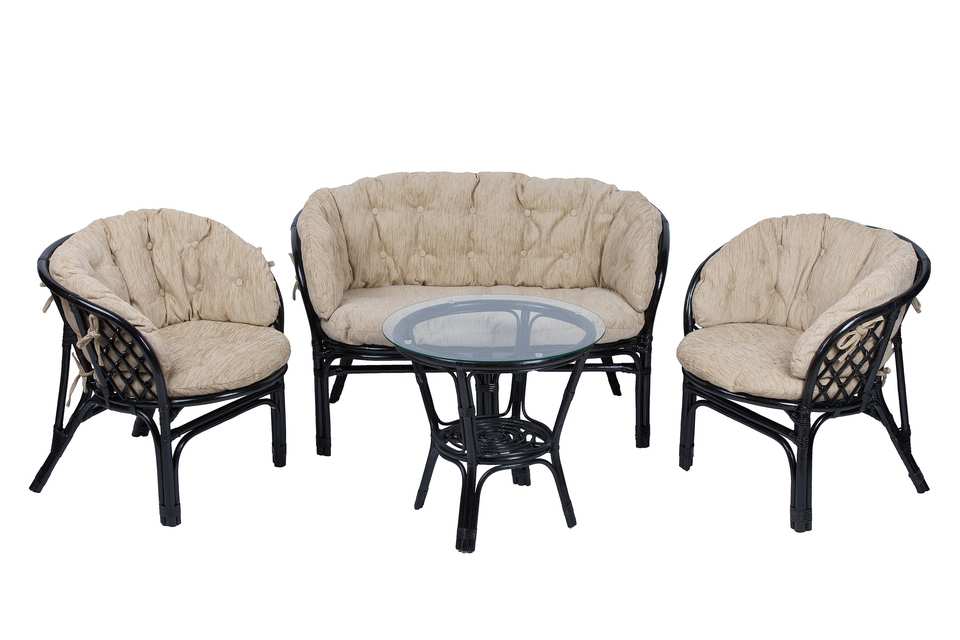 Комплект Багама с диваном и круглым столом, подушки полные светлые, венге