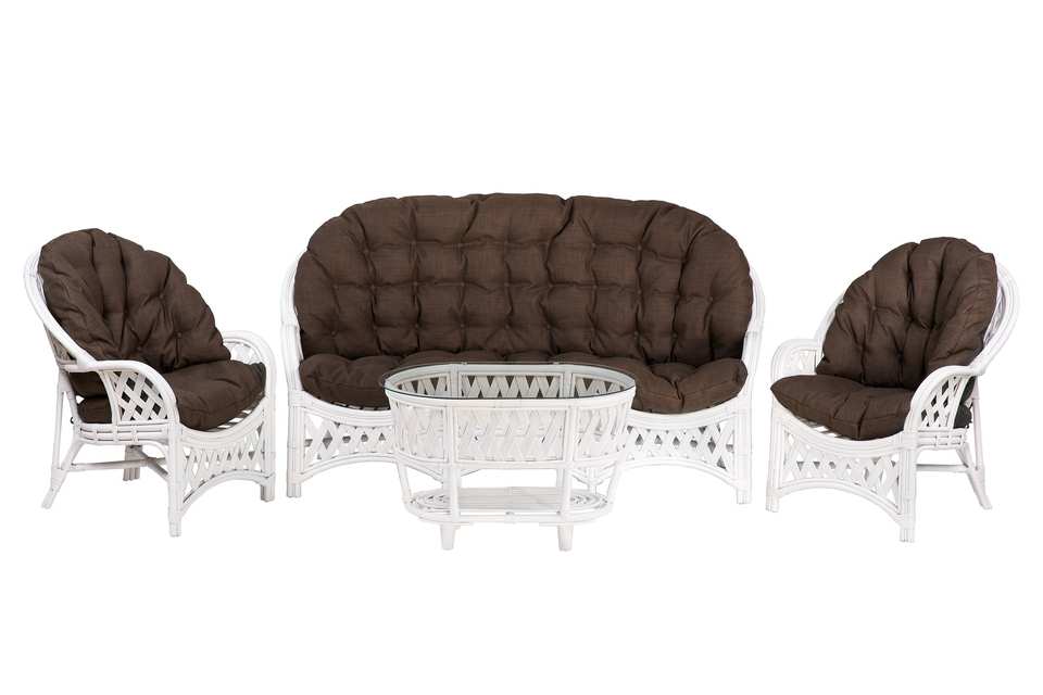 Комплект Черчилль с 3-местным диваном и овальным столом, подушки коричневые, белый матовый
