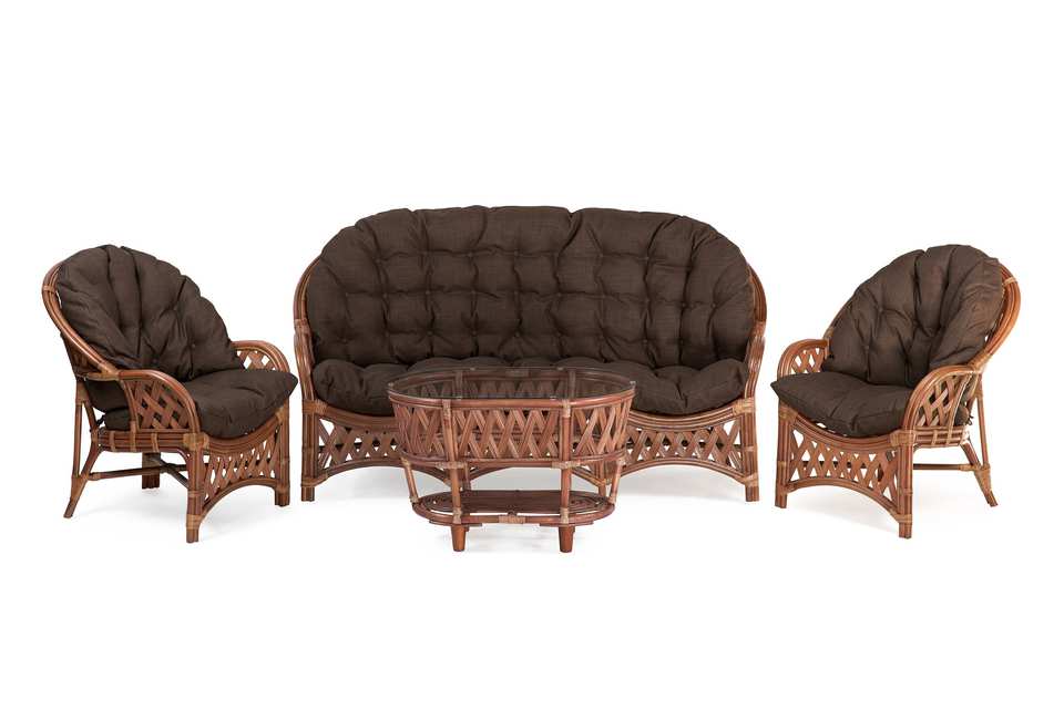 Комплект Черчилль с 3-местным диваном и овальным столом, подушки коричневые, миндаль матовый