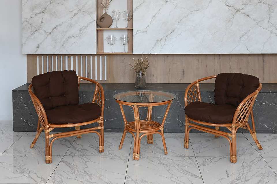 Багама дуэт с круглым столом, подушки простые коричневые, коньяк, в интерьере