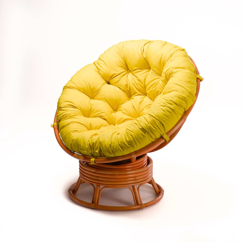Кресло Папасан вращающийся, подушка желтая, коньяк