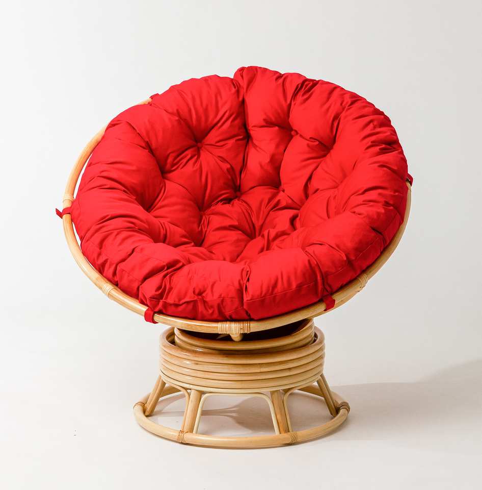 Кресло Папасан вращающийся, подушка красная, натуральный