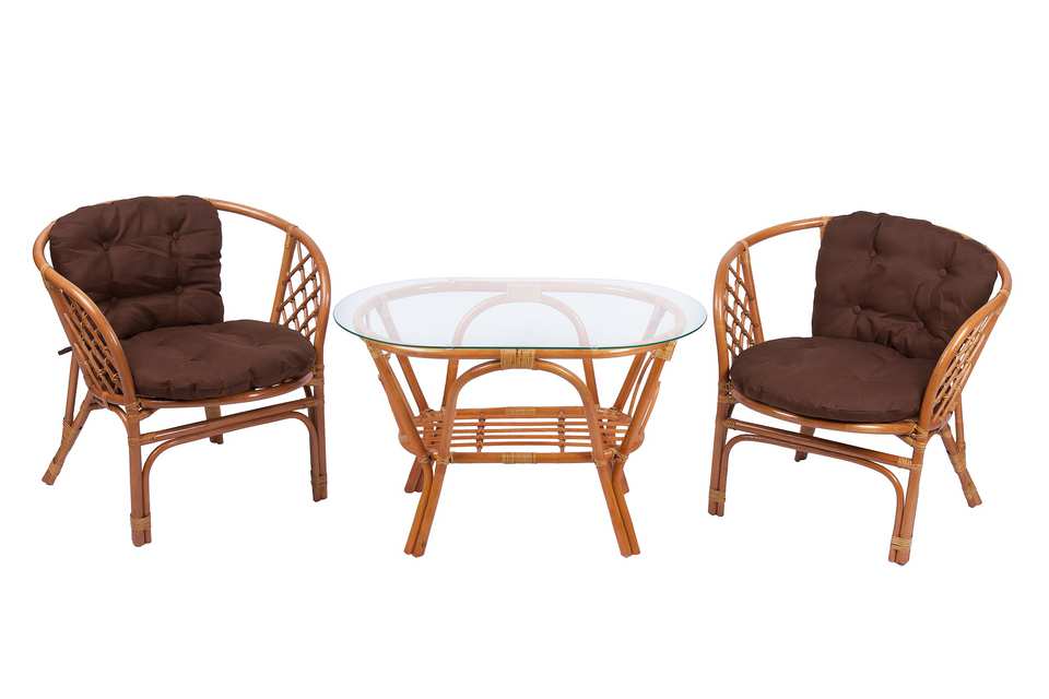 Комплект Багама Дуэт с овальным столом, подушки простые коричневые, коньяк