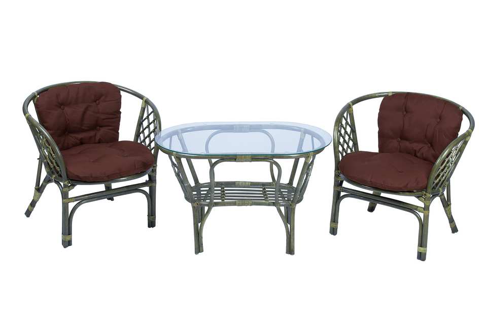 Комплект Багама Дуэт с овальным столом, подушки простые коричневые, олива