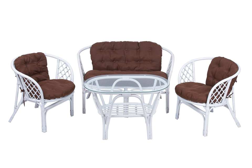 Bagama_Komplekt_tsvet_belyi_s_korichnevymi_podushkami_i_ovalnym_stolom Комплект Багама с диваном и овальным столом, подушки простые коричневые, белый матовый