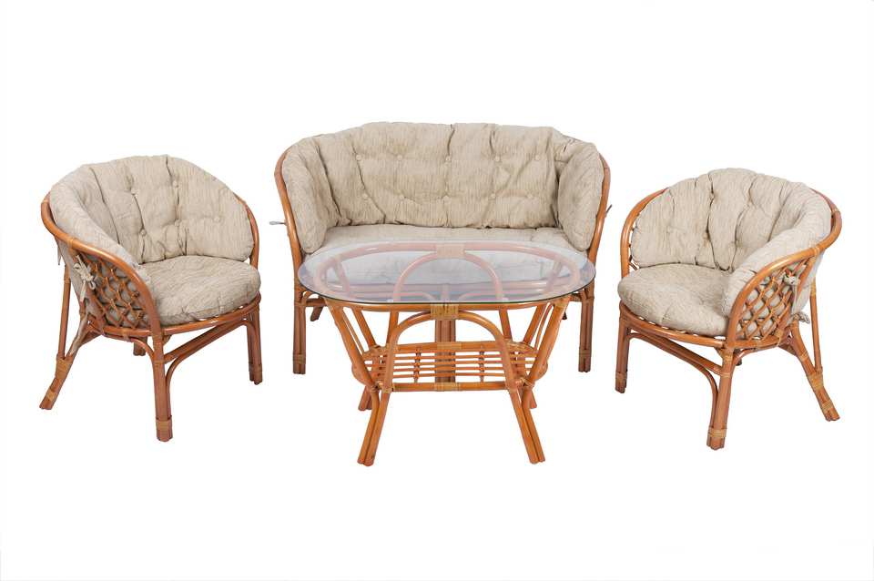 Комплект Багама с диваном и овальным столом, подушки полные светлые, коньяк