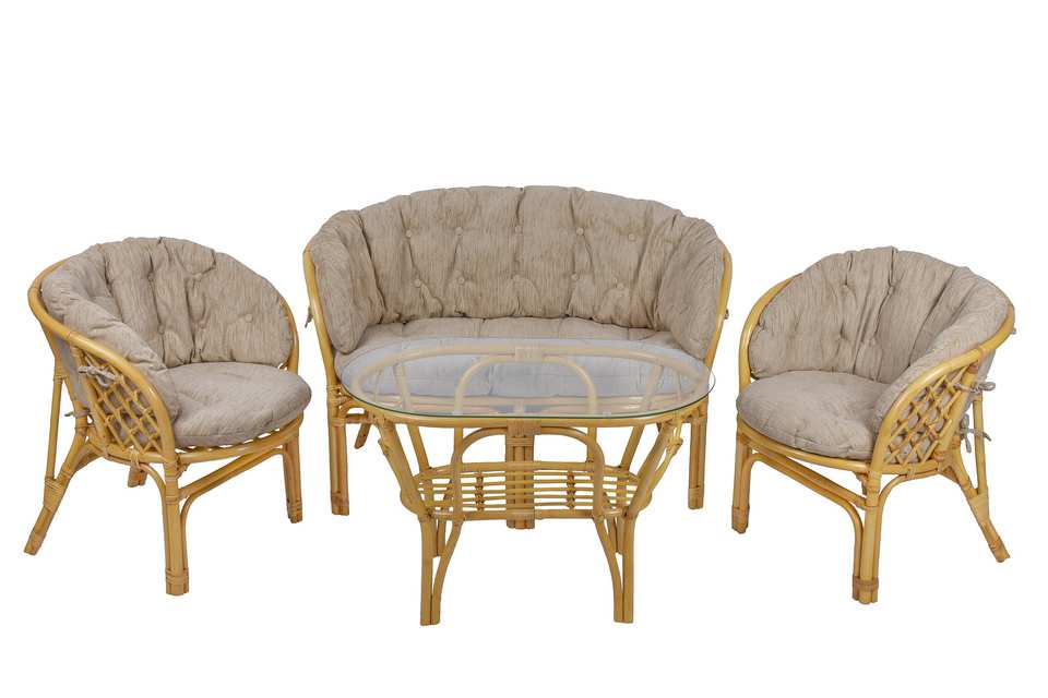 Комплект Багама с диваном и овальным столом, подушки полные светлые, мед