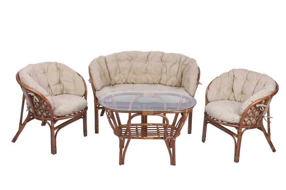 Комплект Багама с диваном и овальным столом, подушки полные светлые, миндаль матовый