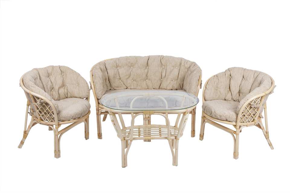 Комплект Багама с диваном и овальным столом, подушки полные светлые, натуральный