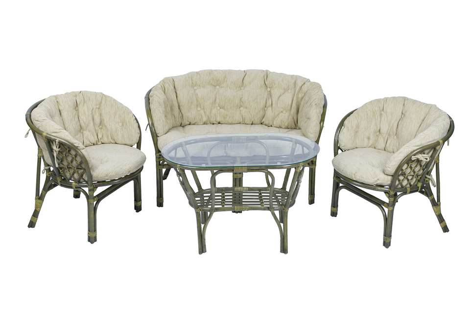 Комплект Багама с диваном и овальным столом, подушки полные светлые, олива