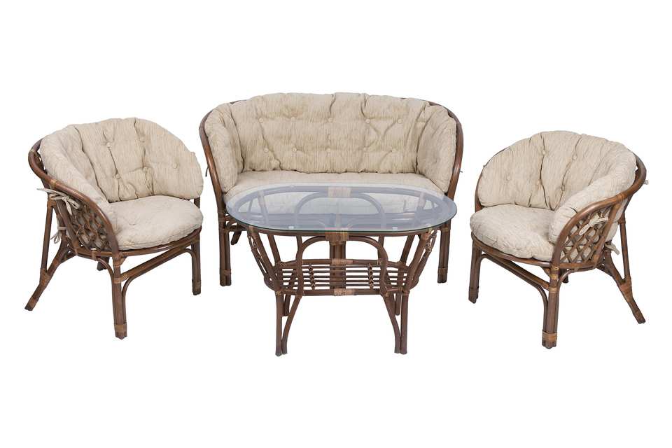 Комплект Багама с диваном и овальным столом, подушки полные светлые, орех матовый