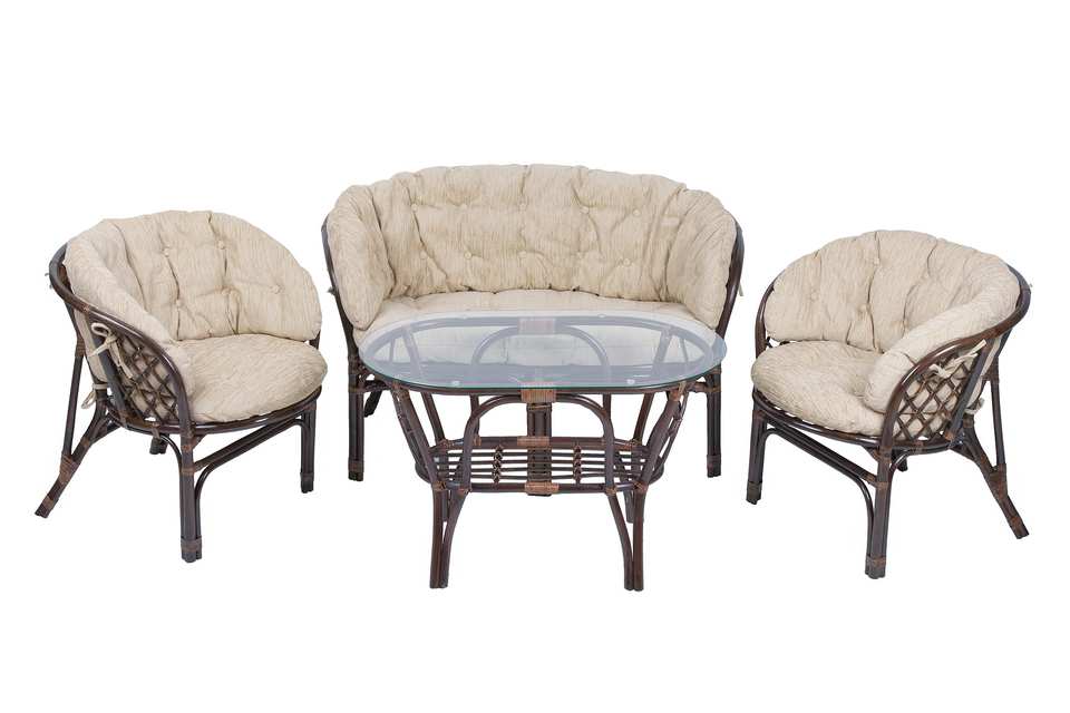 Комплект Багама с диваном и овальным столом, подушки полные светлые, темно-коричневый