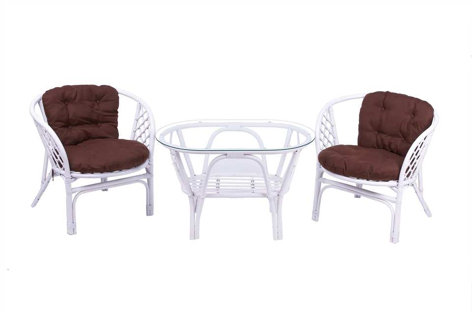 Комплект Багама Дуэт с овальным столом, подушки простые коричневые, белый матовый