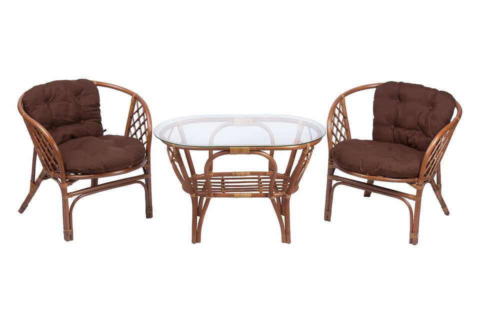 Комплект Багама Дуэт с овальным столом, подушки простые коричневые, миндаль матовый