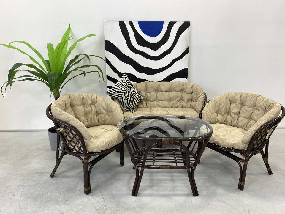 Комплект Багама с диваном и овальным столом, подушки полные светлые, темно-коричневый, в интерьере