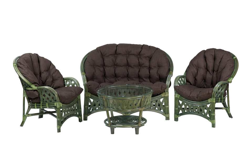 Комплект Черчилль с 2-местным диваном и круглым столом, подушки коричневые, олива