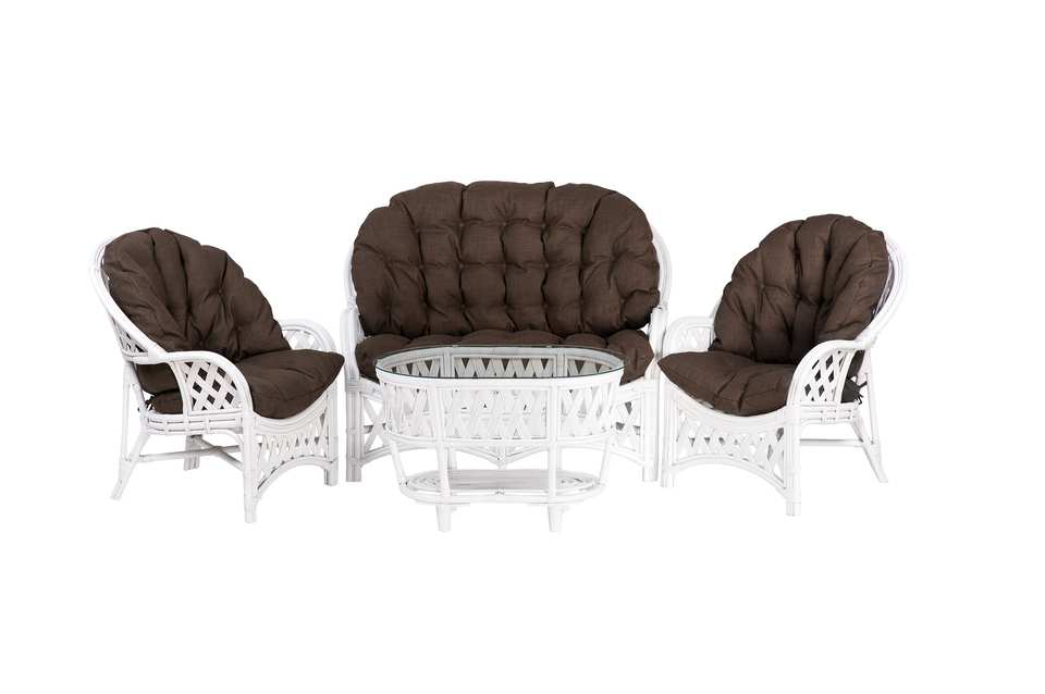 Комплект Черчилль с 2-местным диваном и овальным столом, подушки коричневые, белый матовый