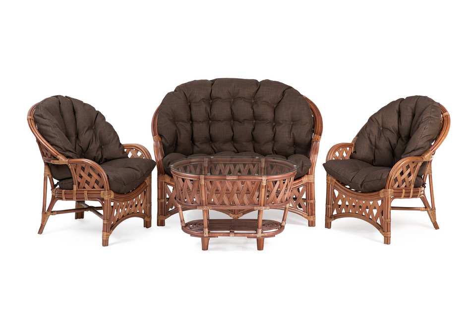 Комплект Черчилль с 2-местным диваном и овальным столом, подушки коричневые, миндаль матовый