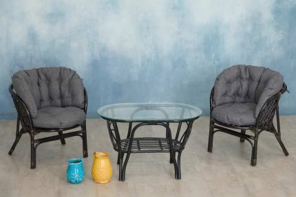 Багама Дуэт с овальным столом и серыми подушками, белый матовый